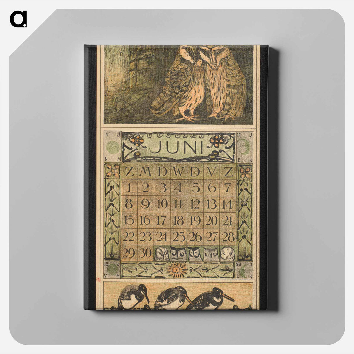 Kalenderblad voor juni 1913 met twee kerkuilen by Theo van Hoytema - テオ ヴァン ホイテマ Canvas.