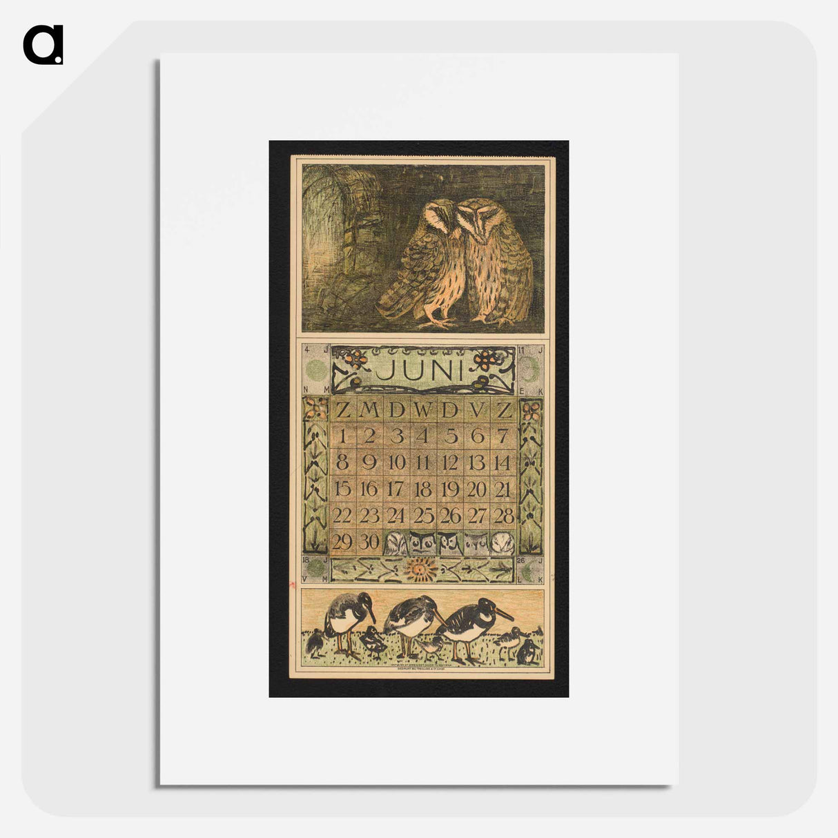 Kalenderblad voor juni 1913 met twee kerkuilen by Theo van Hoytema - テオ ヴァン ホイテマ Poster.