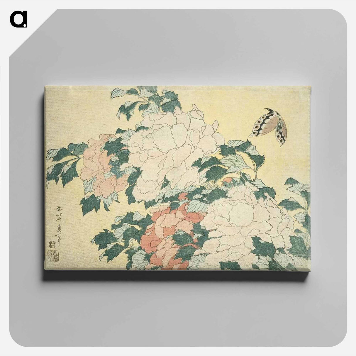 アートパネル-Hokusai's Peonies and Butterfly - 葛飾 北斎 Canvas.