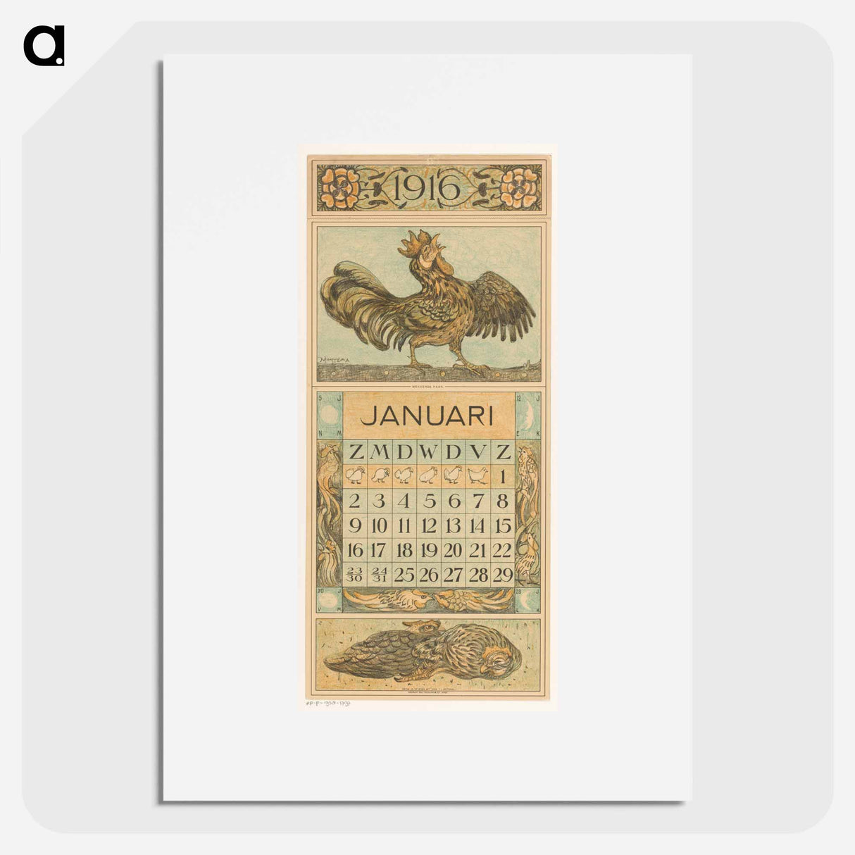 Kalenderblad januari met kraaiende haan - テオ ヴァン ホイテマ Poster.