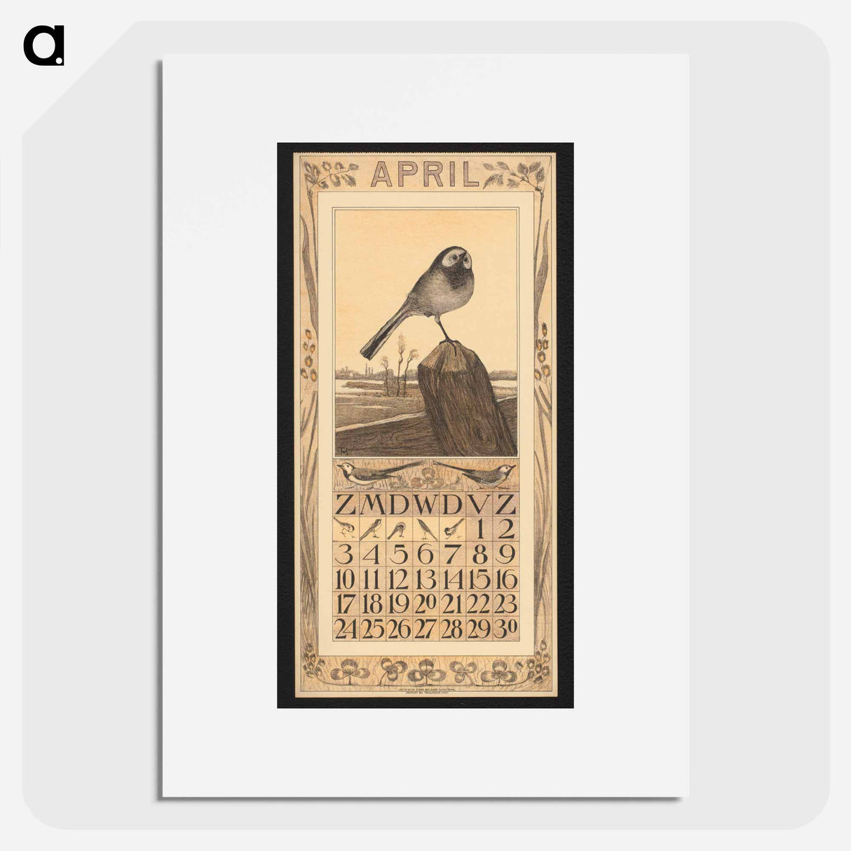Kalenderblad voor april met een witte kwikstaart by Theo van Hoytema - テオ ヴァン ホイテマ Poster.