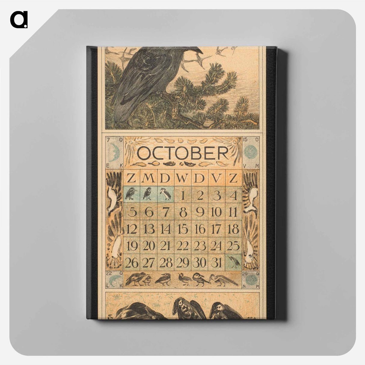 Kalenderblad voor oktober met een kraai en een groep wegtrekkende ganzen by Theo van Hoytema, Theo van Hoytema and Tresling and Comp - テオ ヴァン ホイテマ Canvas.