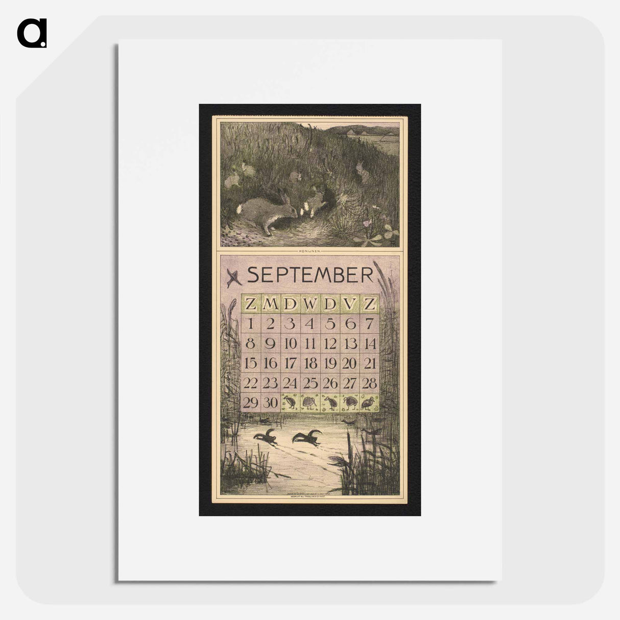 Kalenderblad voor september 1912 met konijnen en meerkoeten by Theo van Hoytema - テオ ヴァン ホイテマ Poster.