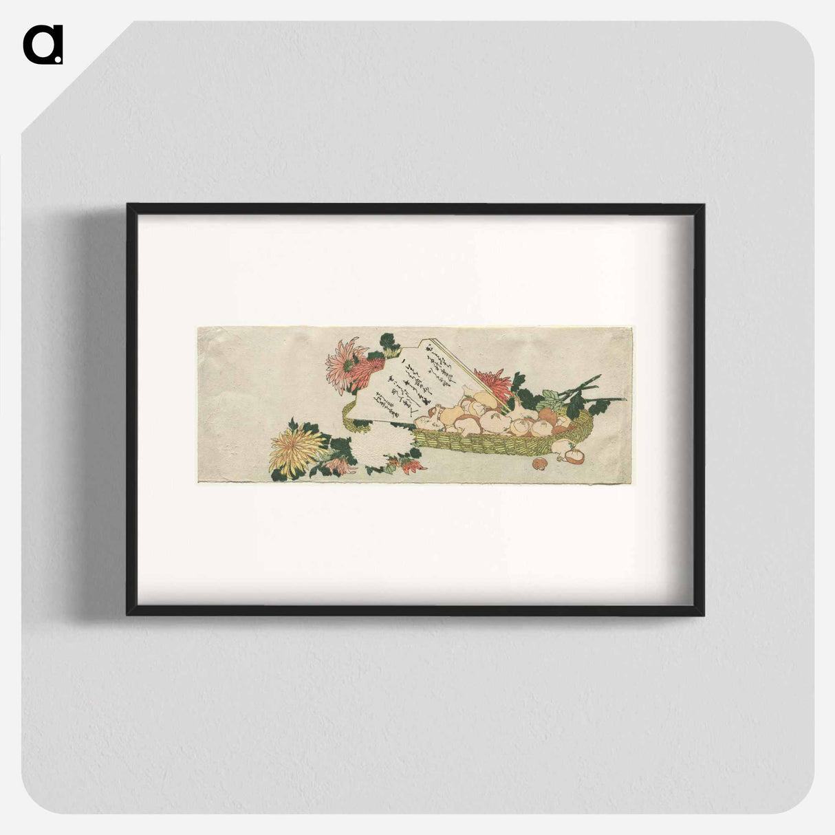 Hokusai's Basket with Fan, Chrysanthemums, and Mushrooms - 葛飾 北斎 Poster.