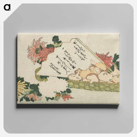 アートパネル-Hokusai's Basket with Fan, Chrysanthemums, and Mushrooms - 葛飾 北斎 Canvas.