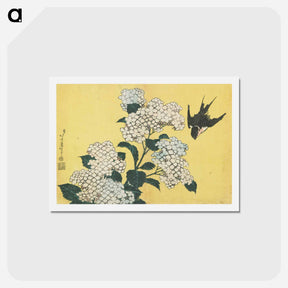 アートポストカード-Hydrangeas and Swallow - 葛飾 北斎 Postcard.