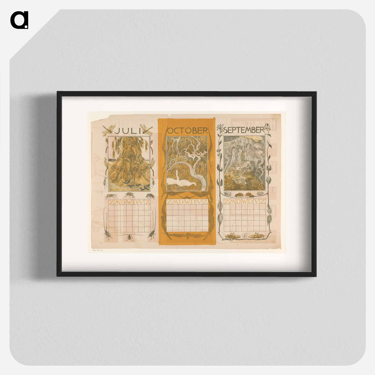 Kalenderbladen van juli, oktober en september, met korenschoven, zwanen en konijnen - Theo van Hoytema Poster.