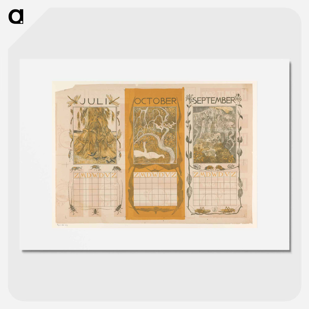 Kalenderbladen van juli, oktober en september, met korenschoven, zwanen en konijnen - Theo van Hoytema Poster.