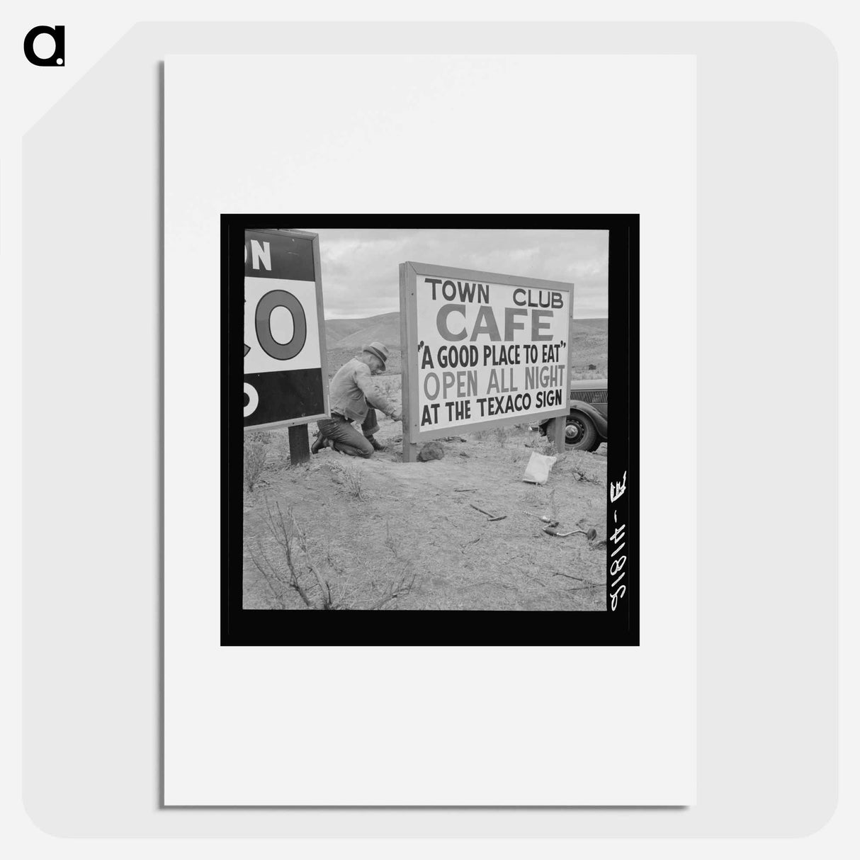 A new sign along the highway advertises a new business in the lonely town of Maupin, Oregon. Population 245. Sourced from the Library of Congress. - Dorothea Lange Poster.