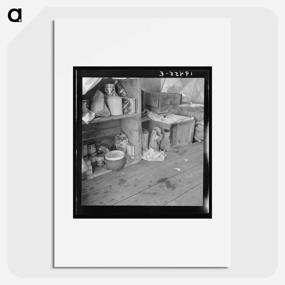 Untitled photo, possibly related to: Tent interior in a pea pickers' camp. Food supply and household equipment. Santa Clara County, California - ドロテア ラング Poster.