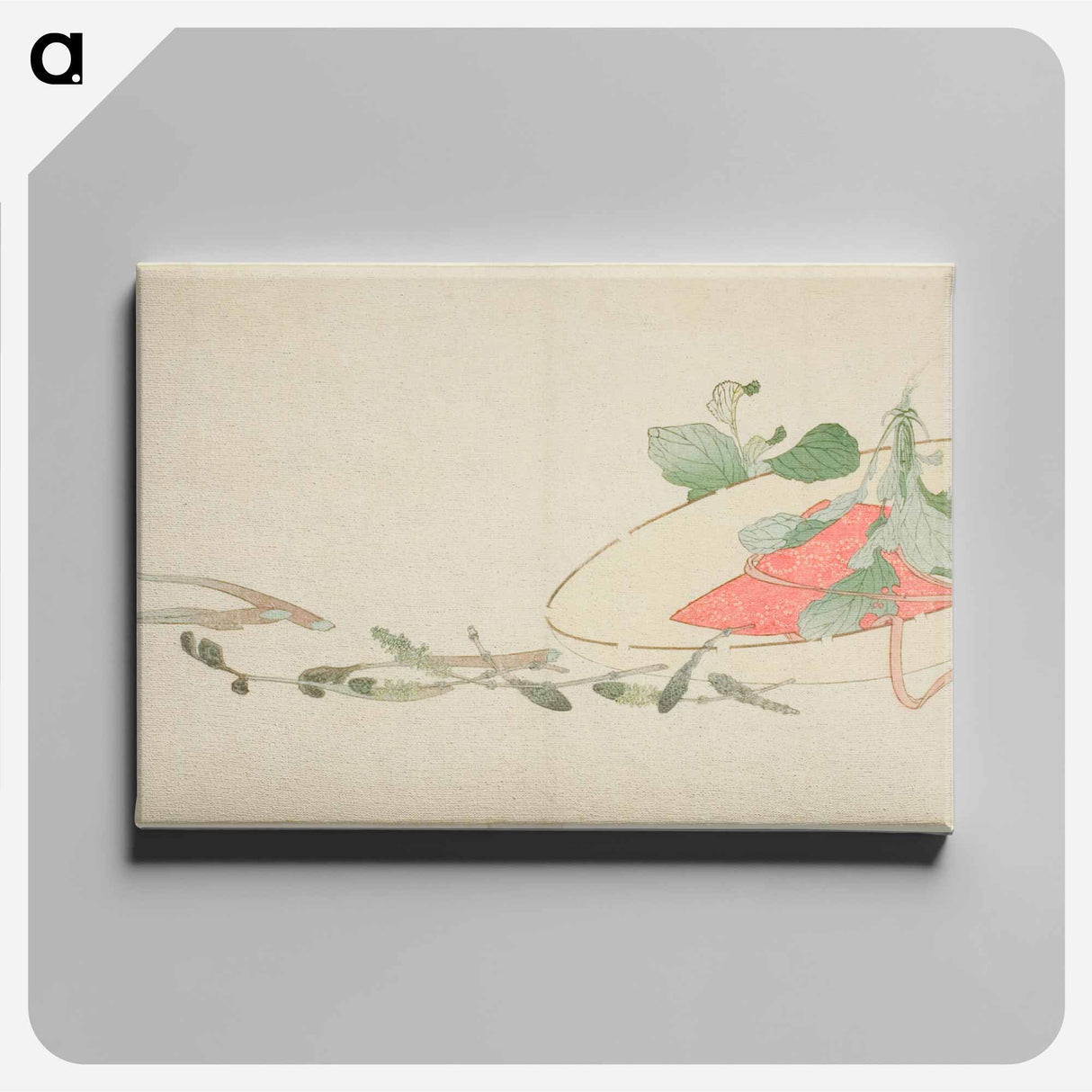 Flowers and spring greens in a hat - 葛飾 北斎 Canvas.