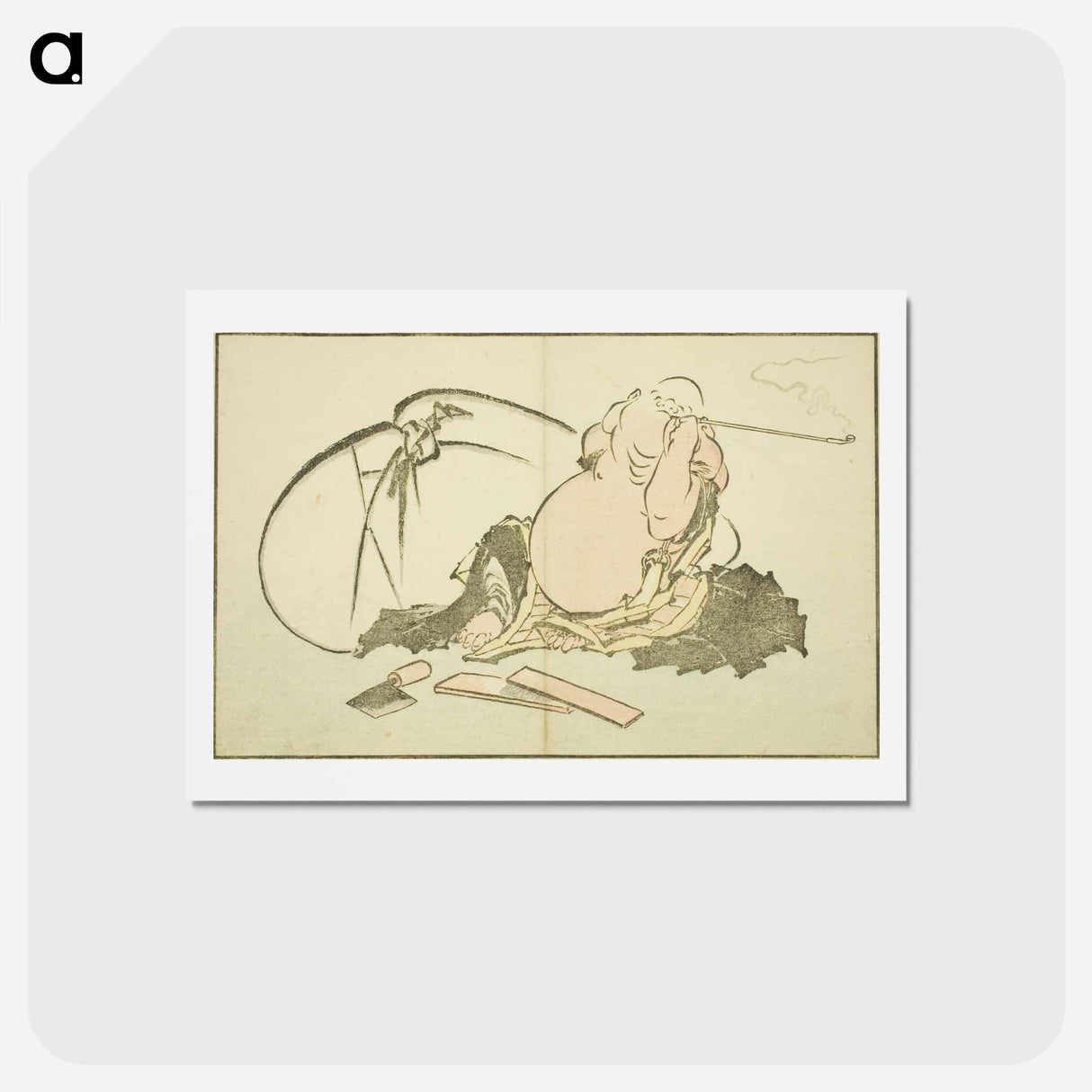 アートポストカード-Hotei Smoking his Pipe - 葛飾 北斎 Postcard.