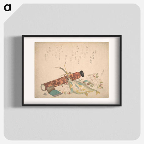 アートポスター-Hokusai's Still Life: Double Cherry-Blossom Branch, Telescope, Sweet Fish, and Tissue Case - 葛飾 北斎 Poster.