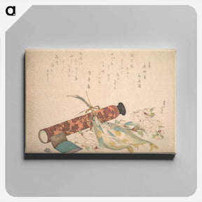 アートパネル-Hokusai's Still Life: Double Cherry-Blossom Branch, Telescope, Sweet Fish, and Tissue Case - 葛飾 北斎 Canvas.