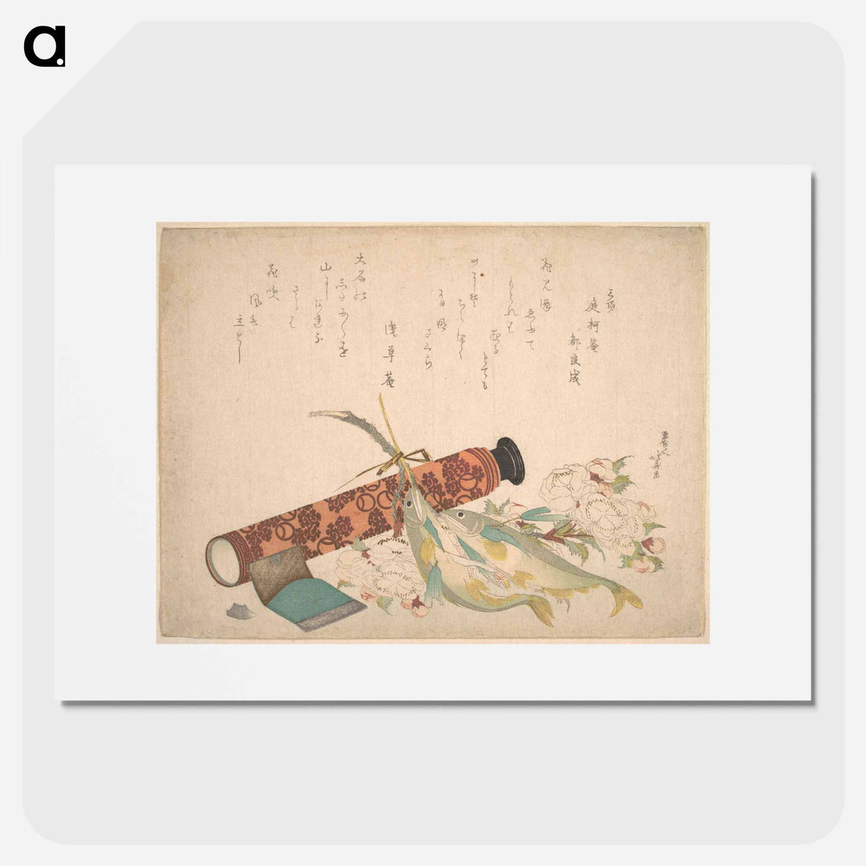 Hokusai's Still Life: Double Cherry-Blossom Branch, Telescope, Sweet Fish, and Tissue Case - 葛飾 北斎 Poster.