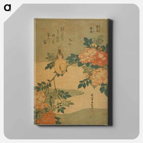 アートパネル-Hokusai's Warbler and Roses - 葛飾 北斎 Canvas.