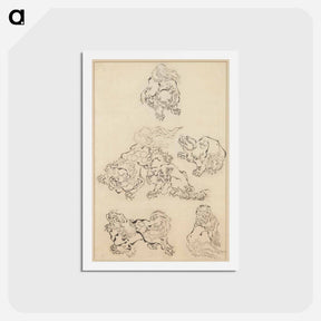 アートポストカード-Six Lions - 葛飾 北斎 Postcard.
