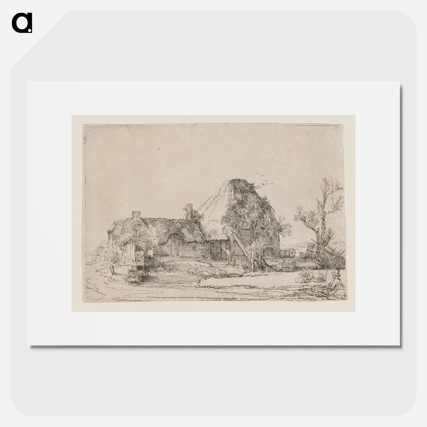 Cottage and Farm Buildings with a Man Sketching Poster. - artgraph.